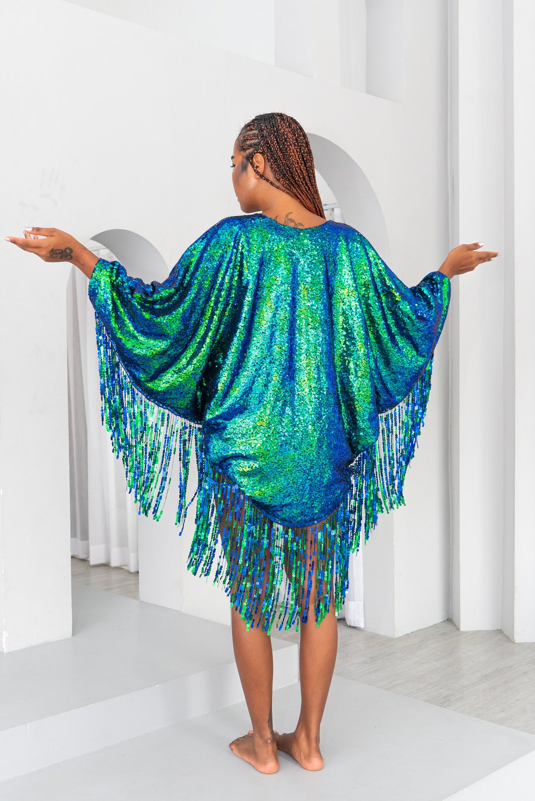 Emerald Green Sequin Kimono With Sequin Fringe. Light, Floaty Material