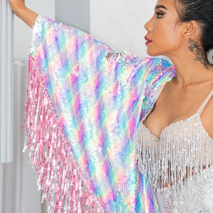 Neon Rainbow Sequin Kimono for the perfect festival outfit. Glamorous festival sequin wear / accessory for women and men. Sparkle in Style image 4