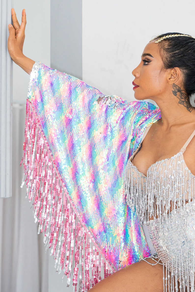 Neon Rainbow Sequin Kimono for the perfect festival outfit. Glamorous festival sequin wear / accessory for women and men. Sparkle in Style image 4