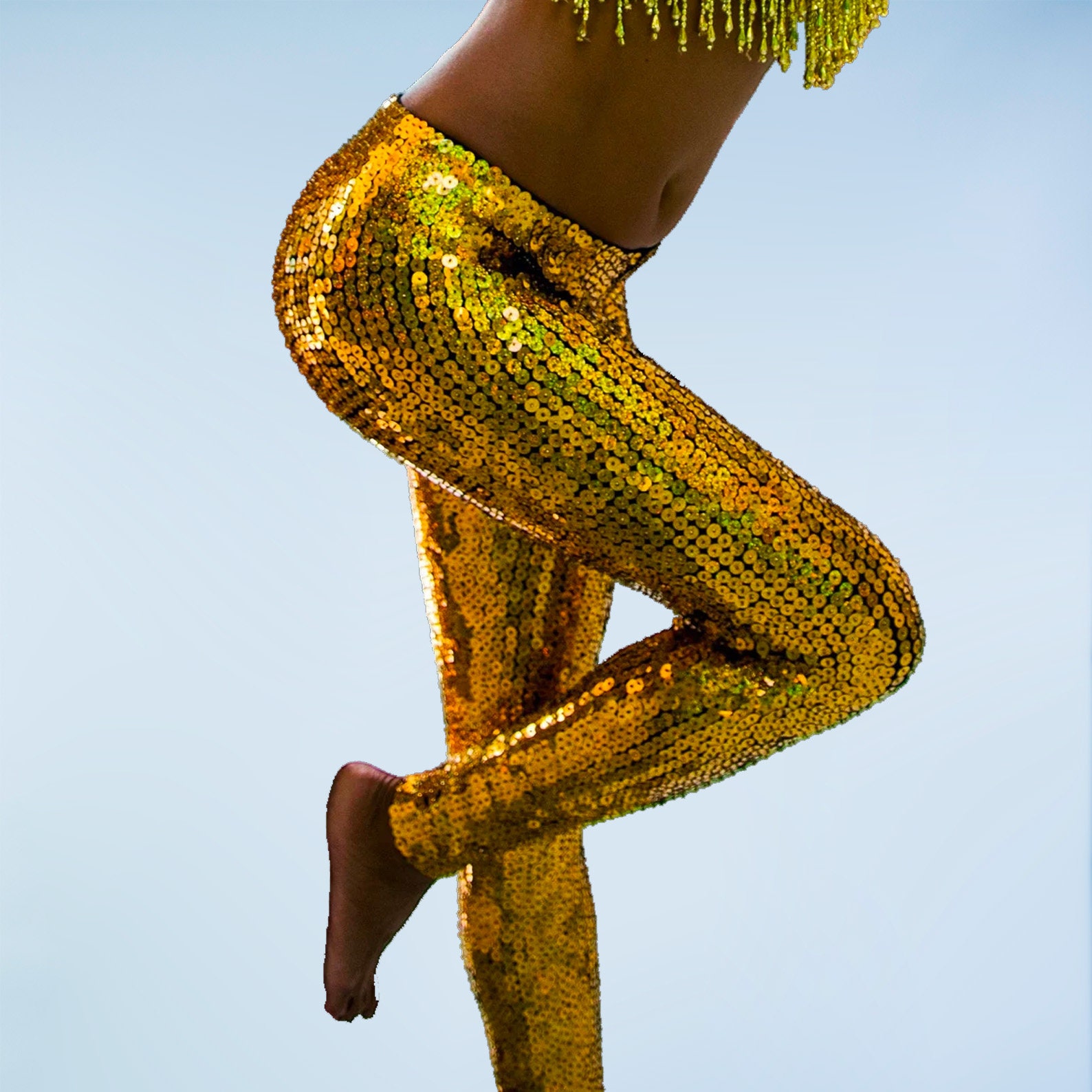 Gold Sequin Leggings for Women. Individual Hand Sewn Sequins on a