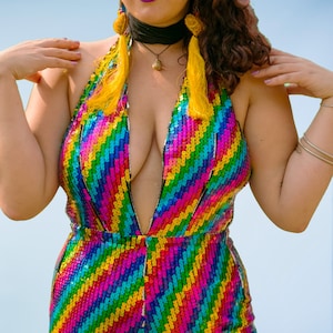 Handmade rainbow sequin jumpsuit.
