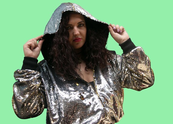 Silver and Gold Reversible Sequin Bomber Jacket. Etsy UK