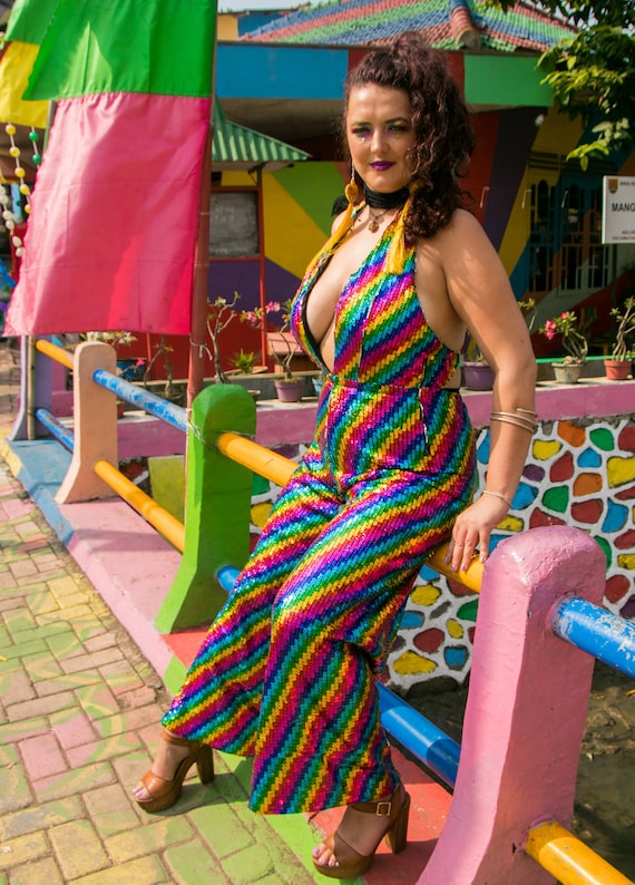 Rainbow Zig Zag Sequin Stripe Jumpsuit | Striped jumpsuit, Fashion, Fashion  outfits