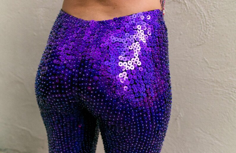 Purple Rain Sequin Leggings perfect for festival outfit and rave wear Pole Dance wear and circus costume handmade sustainable fashion