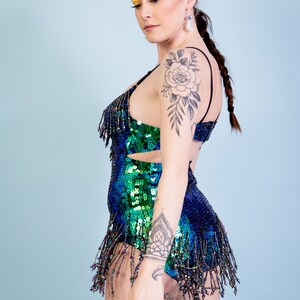 Emerald Green Mermaid sequin bodysuit for women. Perfect for festival outfit and party clothing. Booty cut, also available in Thong cut. image 9