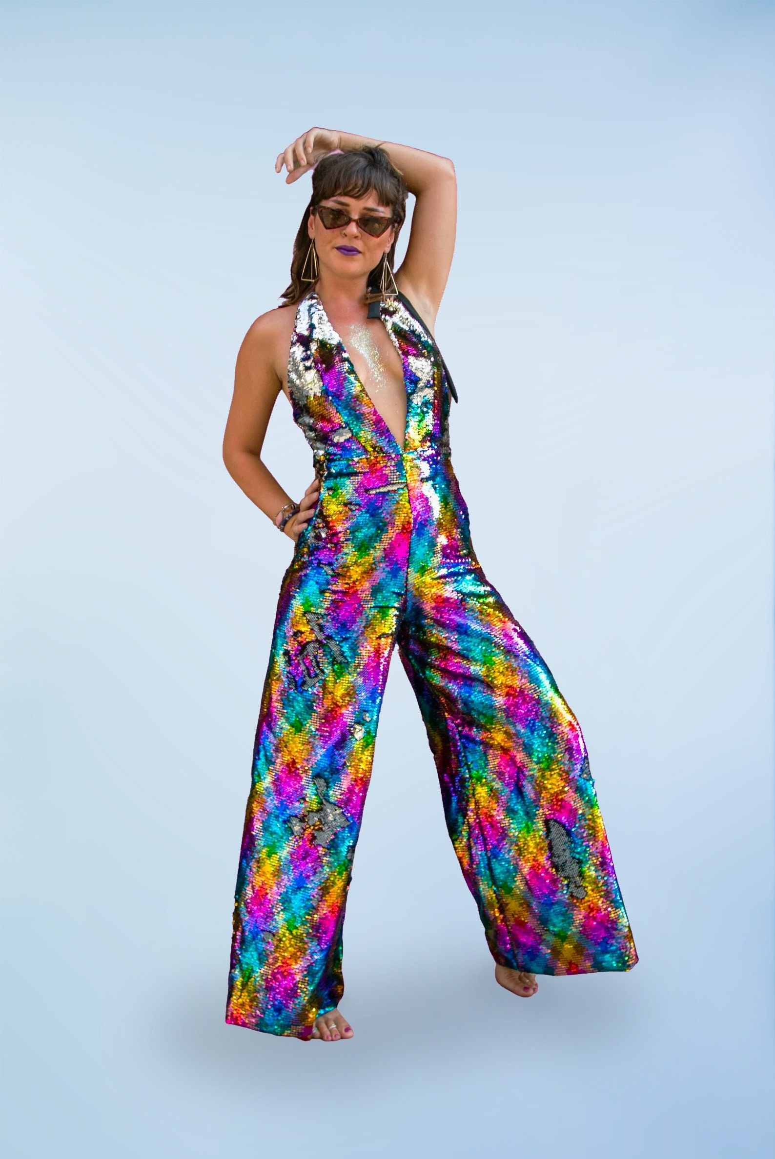 Rainbow Sequin Disco Jumpsuit for Women. Sparkle Disco Pants