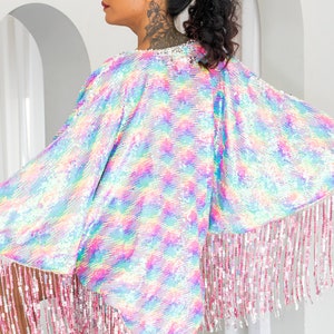 Neon Rainbow Sequin Kimono for the perfect festival outfit. Glamorous festival sequin wear / accessory for women and men. Sparkle in Style image 2