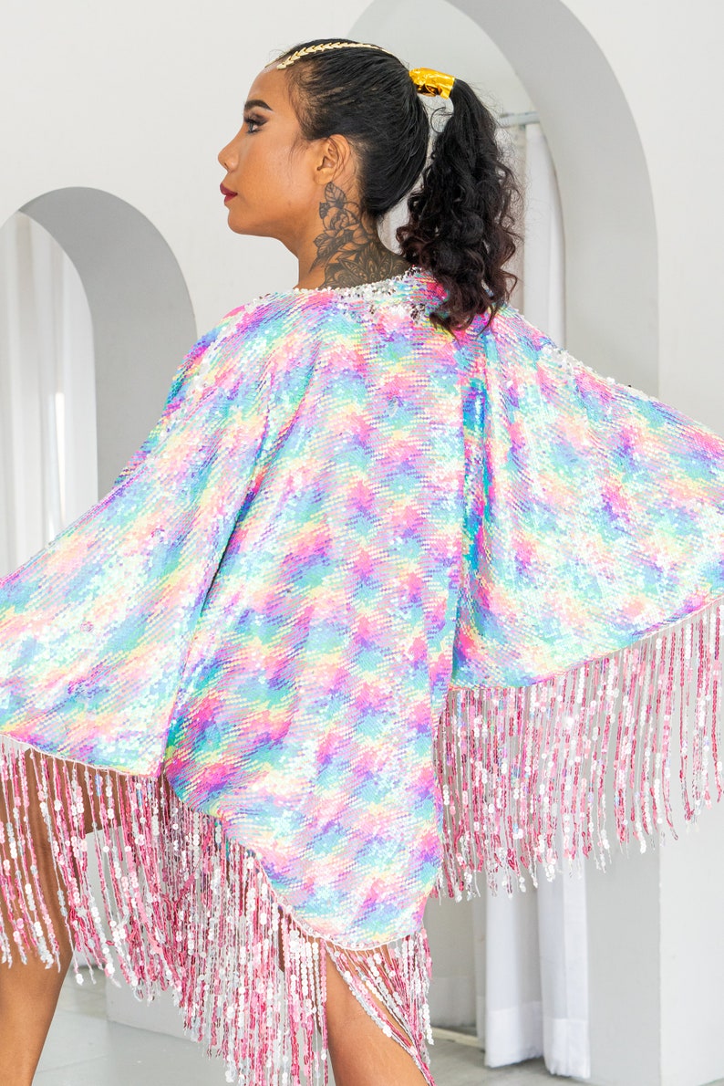 Neon Rainbow Sequin Kimono for the perfect festival outfit. Glamorous festival sequin wear / accessory for women and men. Sparkle in Style image 2