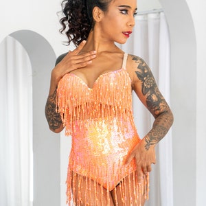 Sunset orange sequin booty shorts. Perfect for festival outfit and sparkly rave wear. Great for pole dance wear and burlesque costume. image 4