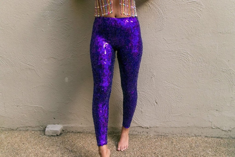Purple Rain Sequin Leggings perfect for festival outfit and rave wear Pole Dance wear and circus costume handmade sustainable fashion