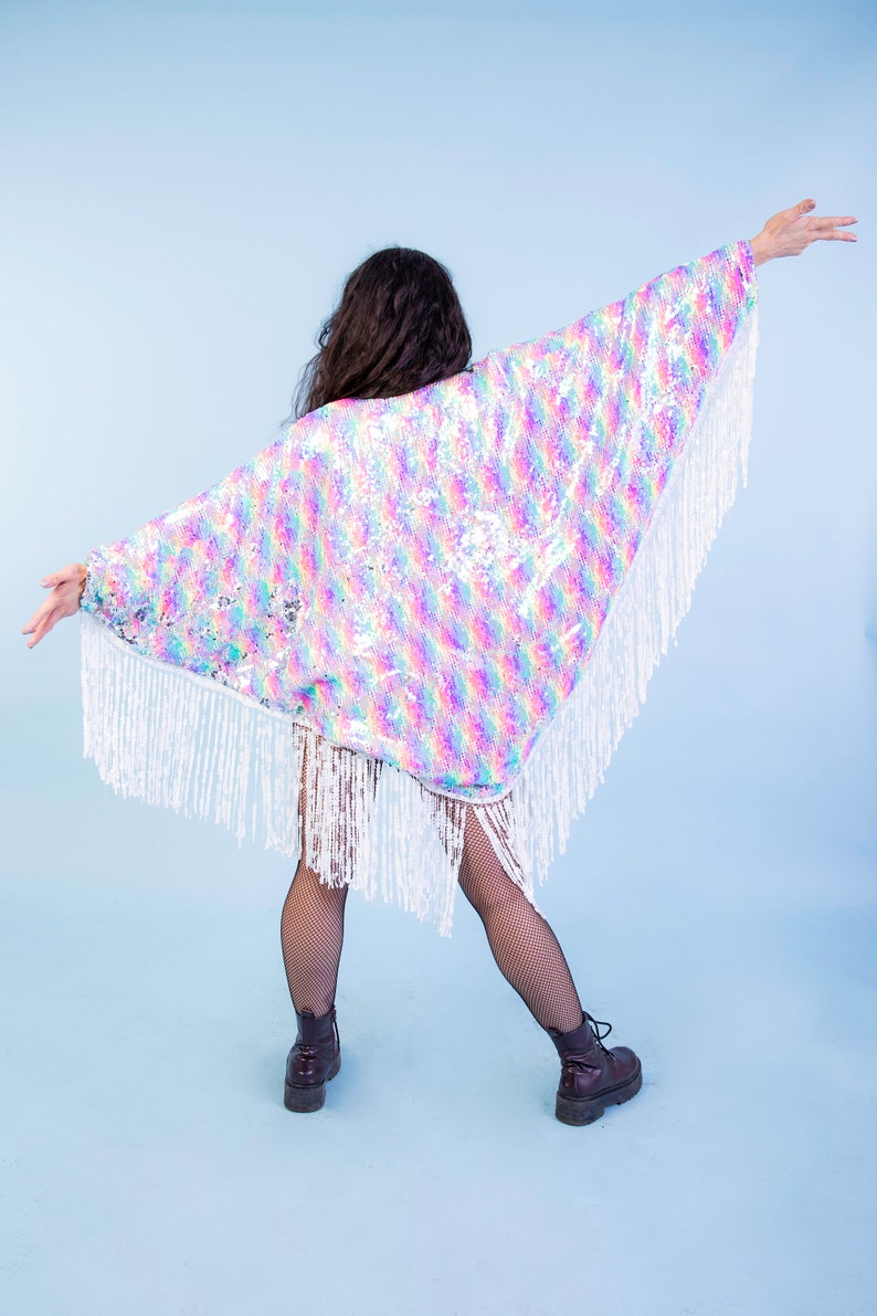 Neon Rainbow Sequin Kimono for the perfect festival outfit. Glamorous festival sequin wear / accessory for women and men. Sparkle in Style image 8