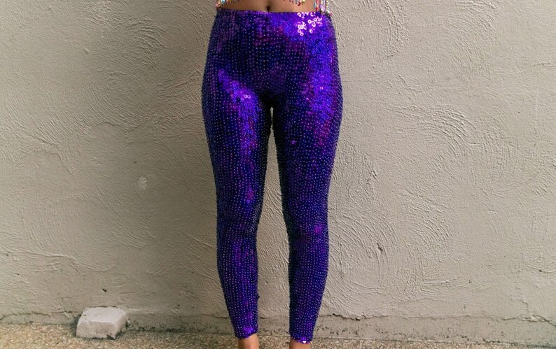 Purple Rain Sequin Leggings perfect for festival outfit and rave wear Pole Dance wear and circus costume handmade sustainable fashion