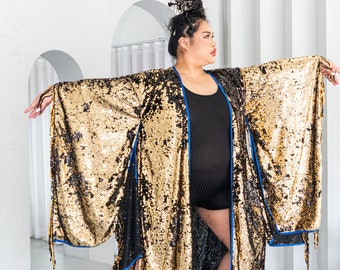 Long Sequin Kimono in Gold and Black Reversible Sequins. the
