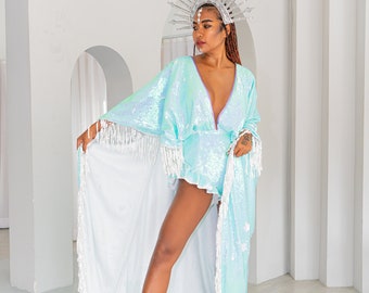 Sequin Bodysuit Kimono Cape in green unicorn sequins. Perfect for stage wear to festival outfit, hen parties and original bridal wear.