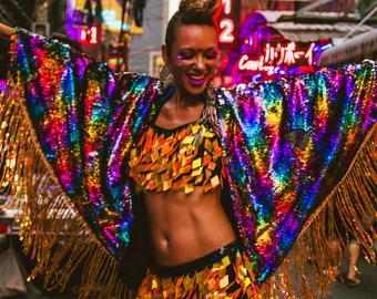 Rainbow Sequin Kimono for the perfect festival outfit. Glamorous festival sequin wear / accessory for women and men. Sparkle in Style!