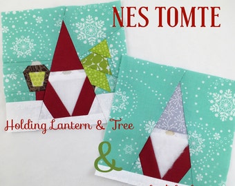 NES TOMTE Quilt Block {No. 2} | Nes Tomte Holding Lantern Tree & Nes Simple / Foundational Paper Piecing PDF / Instant Download  Nisse Gnome