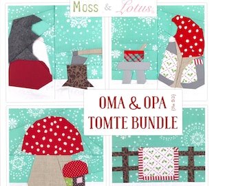 Oma & Opa TOMTE BUNDLE {No. B-2} | pdf Pattern //  Oma Opa Quilt on Fence Mushroom Scene + FREE 2" mini charm blocks // Paper Piecing