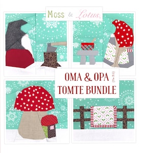 Oma & Opa TOMTE BUNDLE {No. B-2} | pdf Pattern //  Oma Opa Quilt on Fence Mushroom Scene + FREE 2" mini charm blocks // Paper Piecing