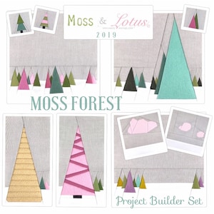 May include: A quilt pattern set called "Moss Forest" by Moss & Lotus, where creativity and magic collide. The set includes a variety of quilt blocks featuring trees in different colors and patterns, including pink, green, gold, and purple. The quilt blocks are arranged in a grid pattern, and the set includes instructions for assembling the blocks into a finished quilt. The set is perfect for quilters of all skill levels.