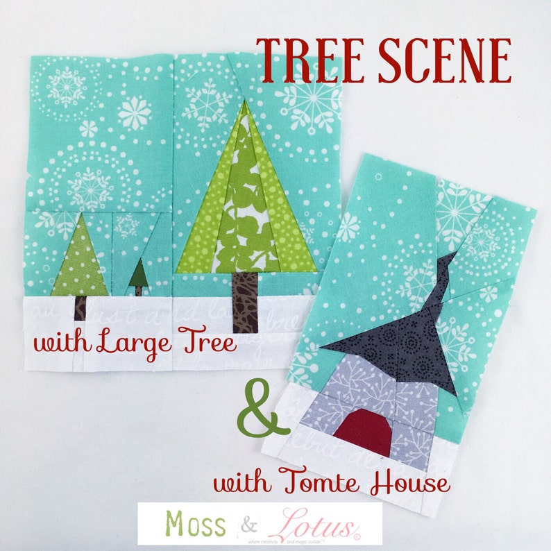 Tree Scene w/ Tomte House Quilt Block No. 5 Large Tree & Tomte House / Foundational Paper Piecing / PDF / Instant Download / Nisse Gnome image 1