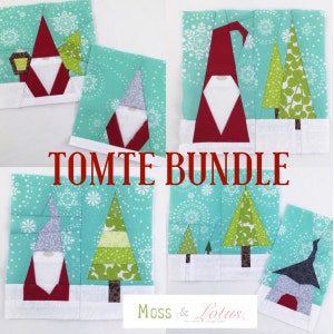 May include: A set of six colorful fabric squares featuring a winter gnome theme. The squares are made of various fabrics and feature different designs, including gnomes, trees, and snowflakes. The squares are perfect for quilting, crafts, and other projects.