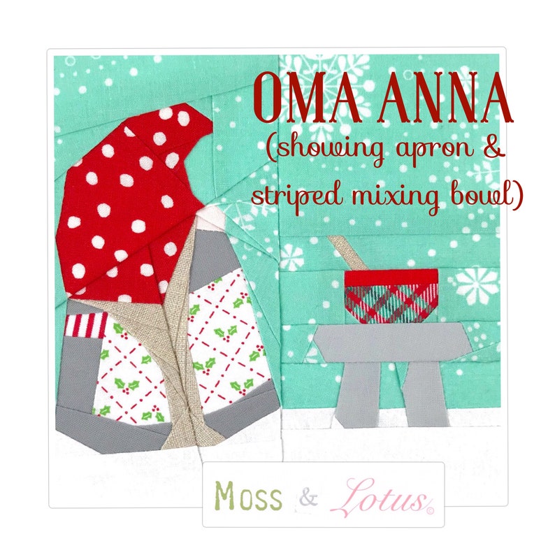 OMA ANNA Tomte No. 15 Grandma Tomte w/ Table Fabric Mixing Bowl Quilt Block 6x6 finished // Foundational Paper Piecing / PDF / Gnome image 1