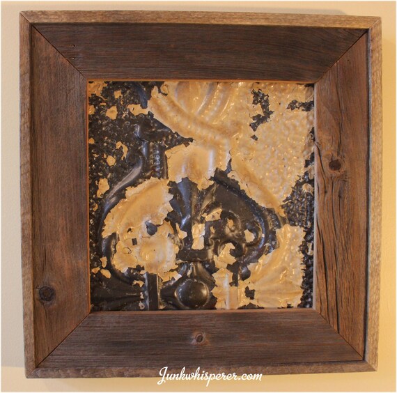 Vintage Victorian Ceiling Tin Framed Barnboard Reclaimed Wood Wall Art Handmade By Junkwhisperer - Artwork On Barn Board Wall Vintage Victorian Ceiling Tin Framed Barnboard Reclaimed Wood Wall Art Handmade By Junkwhisperer - Artwork On Barn Board Wall