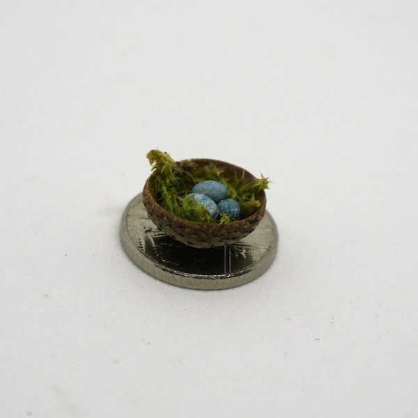 miniature bird nest with eggs, fairy garden bird nest