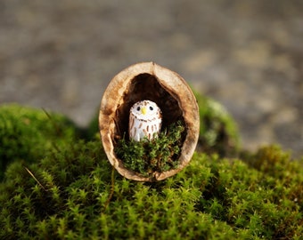 Tiny handmade owl, miniature owl, clay owl, owl in nutshell