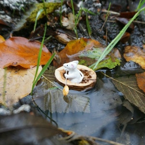 Miniature mouse paddling a boat, mjniature mouse, paddling mouse, mouse swims in walnut