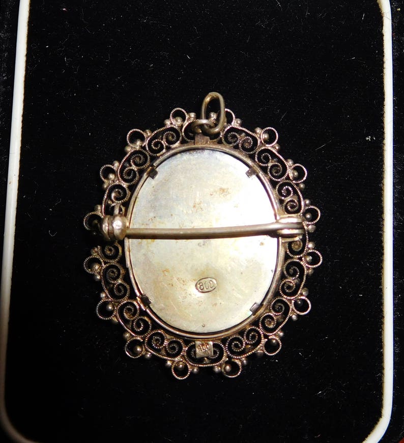 Vintage Antique Sterling Silver Filigree .800 Handpainted Beveled Glass Old Brooch Pin Pendant