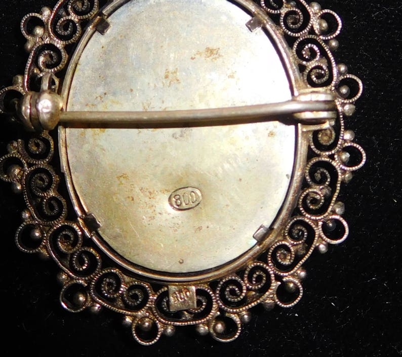 Vintage Antique Sterling Silver Filigree .800 Handpainted Beveled Glass Old Brooch Pin Pendant