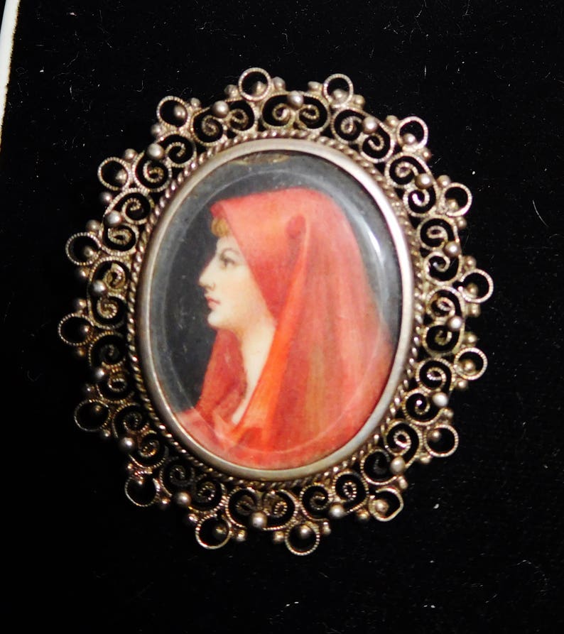 Vintage Antique Sterling Silver Filigree .800 Handpainted Beveled Glass Old Brooch Pin Pendant