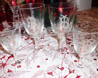 Free Shipping! 4 Lot Vintage Claret Wine 5" 6" Clear Etched B L Crystal Stemware France Glass Escape Chateau ? Beautiful Antique Glassware