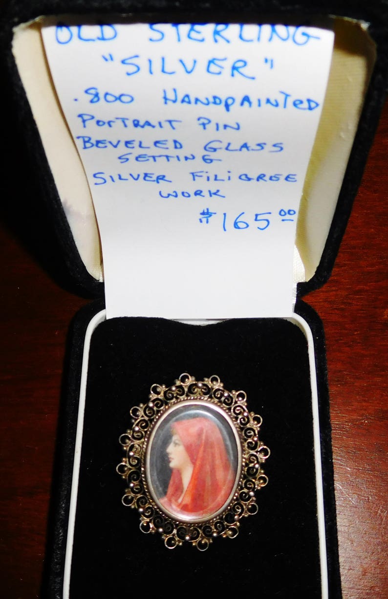 Vintage Antique Sterling Silver Filigree .800 Handpainted Beveled Glass Old Brooch Pin Pendant