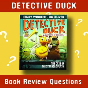 Peut inclure: Couverture du livre "Detective Duck" de Henry Winkler et Lin Oliver, illustré par Dan Santat. On y voit un canard jaune, un castor et une grenouille. Le titre est en orange vif. Le sous-titre du livre est "The Case of the Strange Splash".