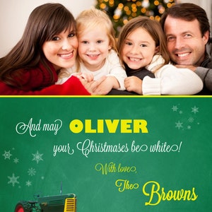 Oliver Green & Red Tractor Themed Christmas Holiday Card Template