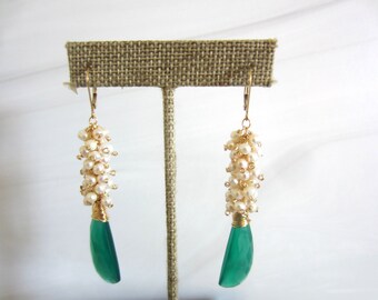 Green Onyx, 14kt Gold Filled, Wire Wrapped, Small, Freshwater Pearls, Long, Dangle Earrings, Dressy Earrings, Green and Gold Long Earrings