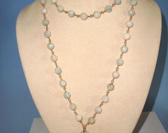 Long, All Aquamarine, Beaded, Rosary Chain and Wire Wrapped Pendant Necklace, Long, Natural, Aquamarine Necklace, Layering Necklace,