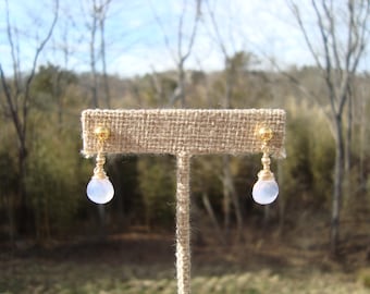 Small, Lavender Quartz, Pale Purple and Gold, Wire Wrapped, Lavender and Gold, Short, Dangle Earrings, Lavender Quartz Briolette Earrings