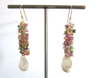 Large Pearls, Small, Multi Colored, Tourmalines and Pink Sapphires, 14kt Gold Filled Wire, Dangle Earrings, Tourmaline and Gold Earrings