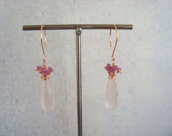 Rose Quartz with Pink Sapphires, Wire Wrapped in Rose Gold Filled Wire, Dangle Earrings, Rose Quartz and Pink Stone Dangle Earrings