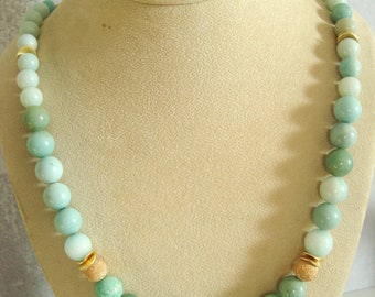 Long, Light Blue and Green Amazonite Stone and Gold Filled, Beaded Necklace, Amazonite and Gold Long Necklace, Pale Blue and Green Necklace