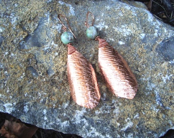 Large, Textured Copper and Agate, Dangle Earrings, Copper Statement Earrings, Copper and Green Agate Earrings, Agate and Copper Earrings
