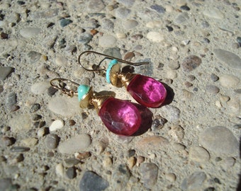Fuschia Quartz, 14kt  Gold Filled and Natural Turquoise, Short, Dangle Earrings, Pink Stone, Gold and Turquoise Earrings, Hot Pink Earrings