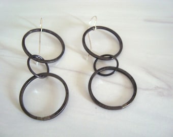 Blackened Sterling Silver Long, Triple Hoop Earrings, Dark Patina Sterling Silver Dangle Earrings, Black Silver Long, Dangle Earrings