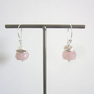 Rose Quartz, Sterling Silver with Small, Freshwater Pearl, Short Dangle Earrings, Pale Pink and Silver Earrings, Pastel Colored Earrings