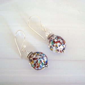 Silver, Disc Shape, Klimt Glass, Clear Swarovski Crystal and Sterling Silver Beaded Short, Multi Colored Glass, Round, Dangle Earrings