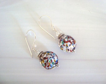 Silver, Disc Shape, Klimt Glass, Clear Swarovski Crystal and Sterling Silver Beaded Short, Multi Colored Glass, Round, Dangle Earrings