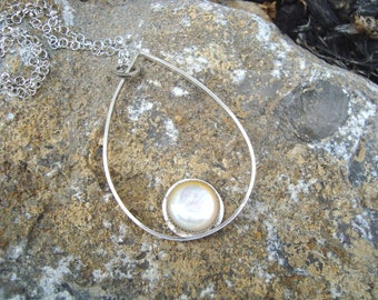 Large All Sterling Silver Teardrop and Mother of Pearl Pendant Necklace, Sterling Silver and MOP Necklace